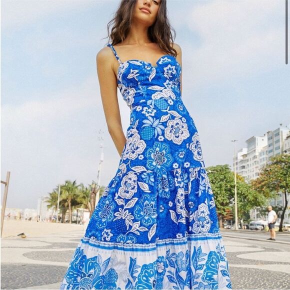 FARM Rio Blue Full of Flowers Organic Cotton Midi Dress M $248 - Picture 4 of 7